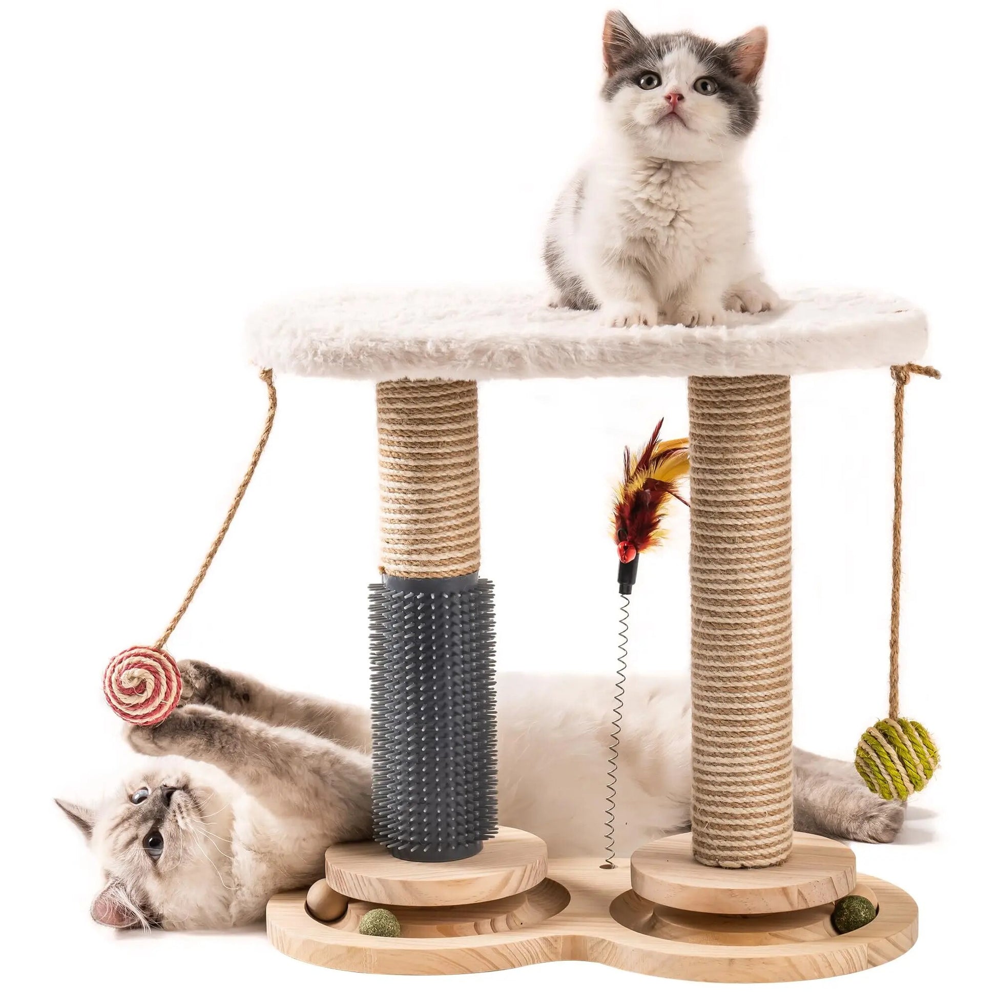 Cat Scratching Post for Indoor Soft Rabbit Fleece Perch for Rest Natural Sisal Scratcher Interactive Kitten Toy Balls