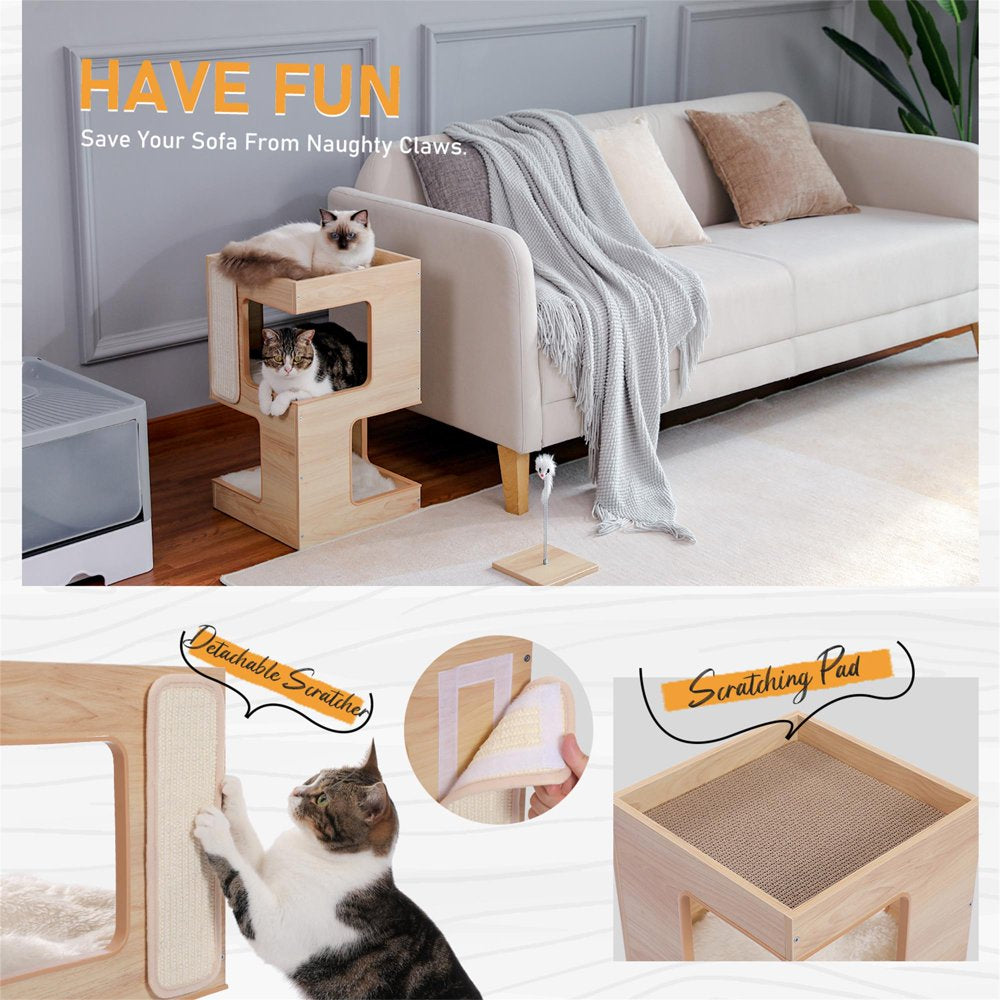 23" Wood Cat House Furniture for Indoor Cats, Modern Cat Tree Tower Bed with Free Cat Toy, Scratching Pad and Removable Soft Mats, Small Cat Condo, Brown