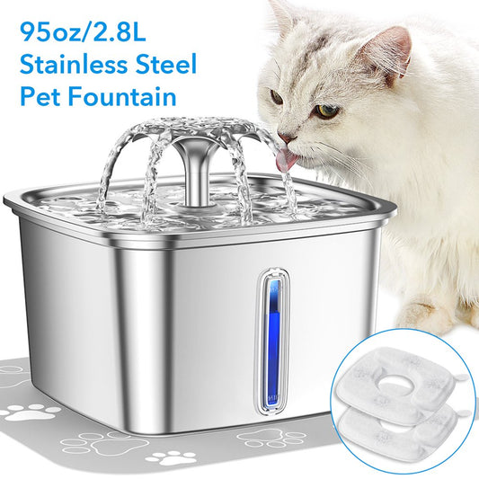 95Oz/2.8L Pet Fountain, Stainless Steel Cat Dog Water Fountain Dispenser