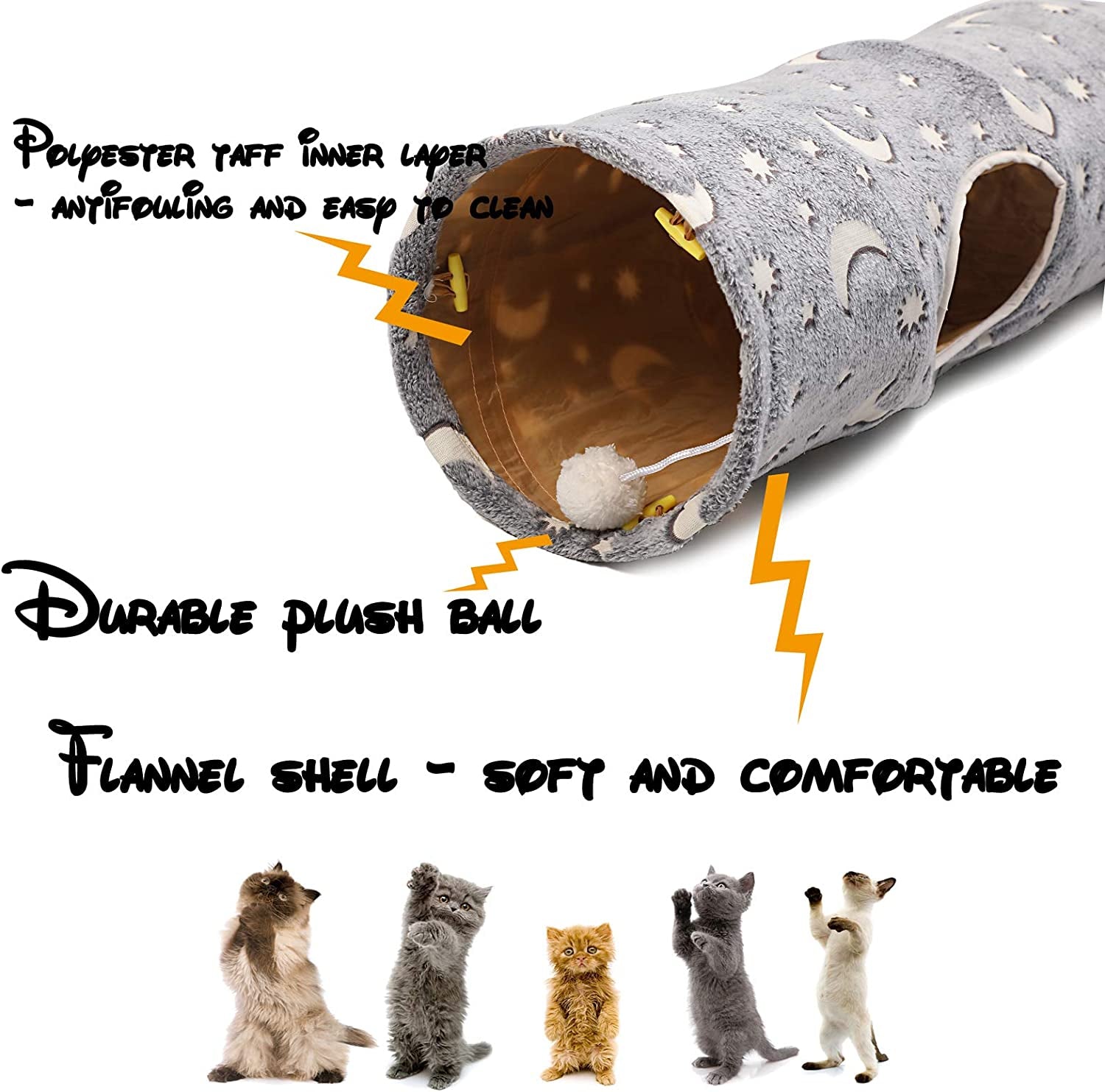 Cat Tunnel Tube with Plush Ball Toys Collapsible Self-Luminous Photoluminescence, for Small Animals Pets Bunny Rabbits, Kittens, Ferrets,Puppy and Dogs Grey Moon Star